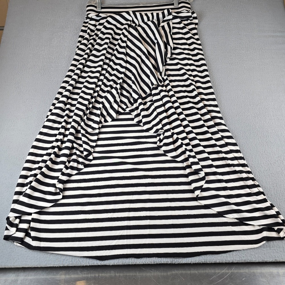 Tracy Evans Long Maxi Skirt Women's Large Black White Striped Stretch Hi Low Hem